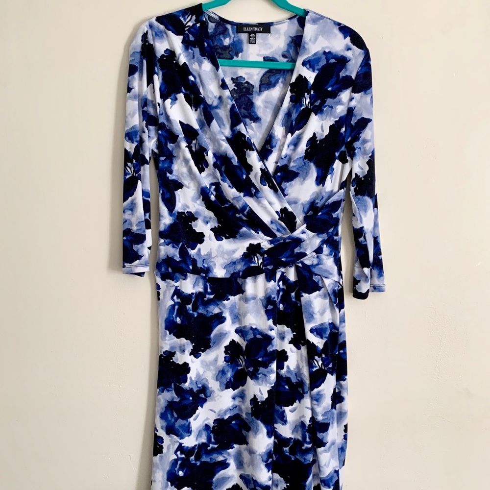 Ellen Tracy Watercolor Floral Faux Wrap Dress M